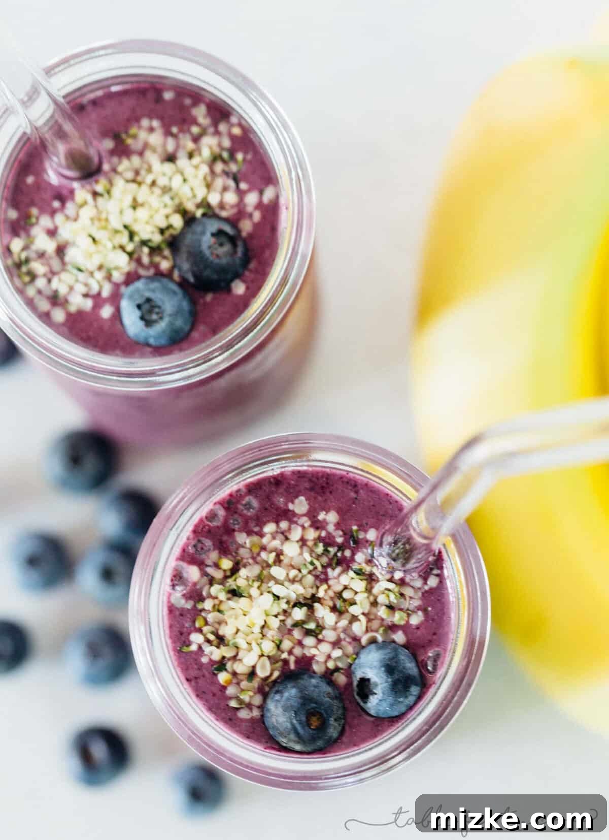Berry Banana Bliss 5 A close-up shot of the creamy blueberry banana smoothie, ready to be enjoyed as a healthy and energizing meal or snack.