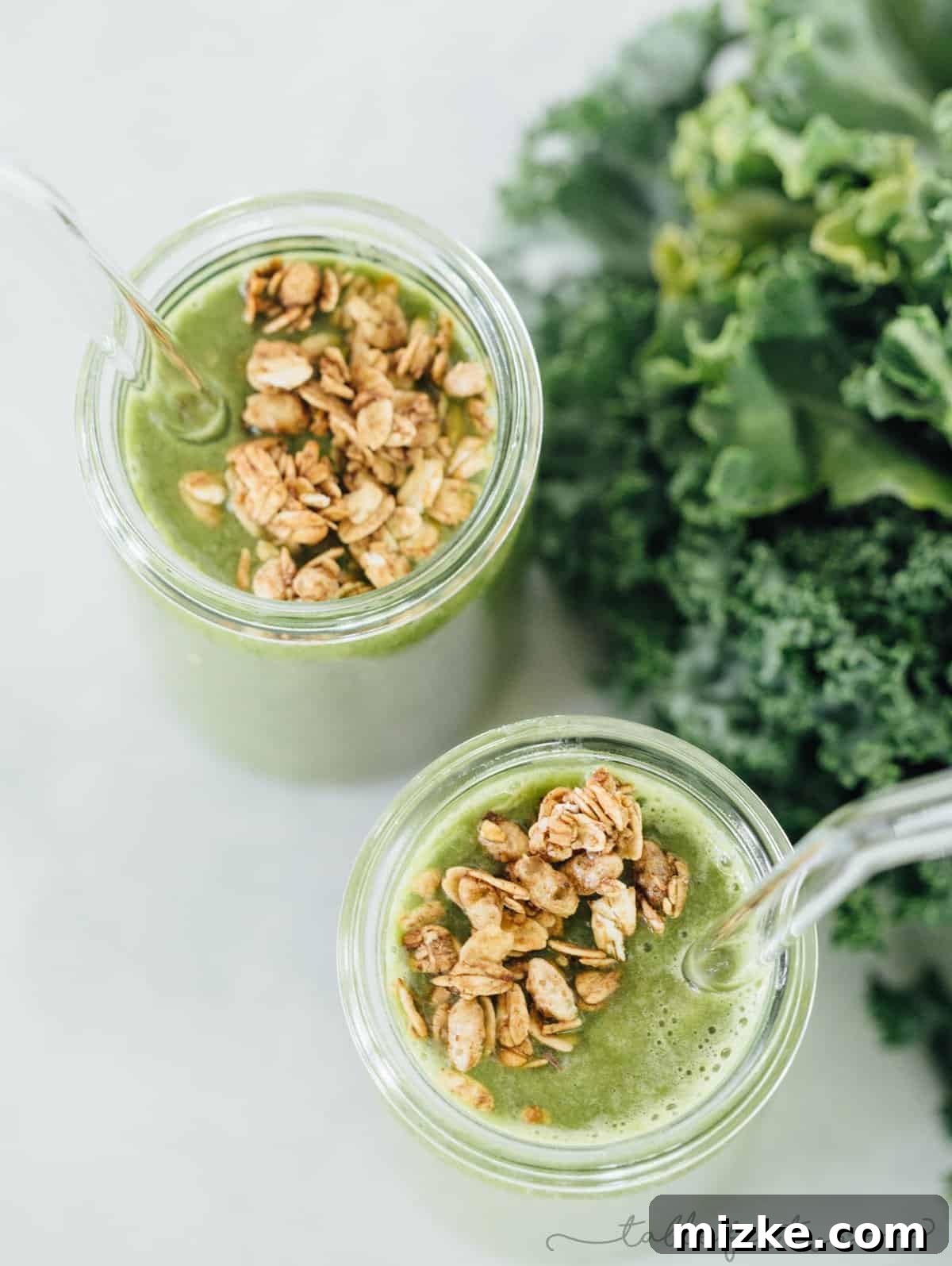Vibrant green TropiKale smoothie packed with tropical flavor and nutrients, perfect for a healthy start.