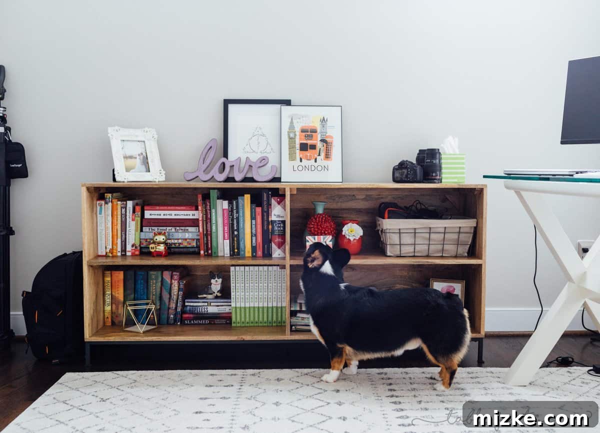 Our Office Unveiled 4 Long and deep modern bookshelf in a home office