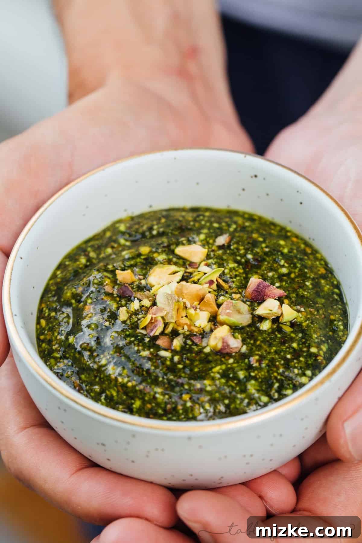 Delicious Pistachio Mint Pesto enhances a succulent grilled steak, perfect for any BBQ or dinner party. #pistachio #mint #pesto #grilling #pestorecipes #recipes #foodprocessor Grilled steak artfully topped with a generous dollop of homemade pistachio mint pesto, showcasing its rich texture and appetizing color.