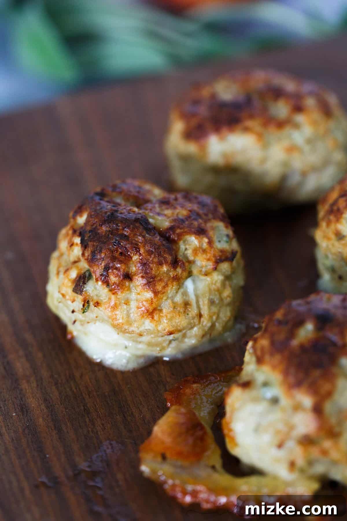 Autumn Harvest Chicken Meatballs with Apple Sage and a Cheesy Core 4 Hand-formed chicken meatballs being stuffed with creamy brie cheese