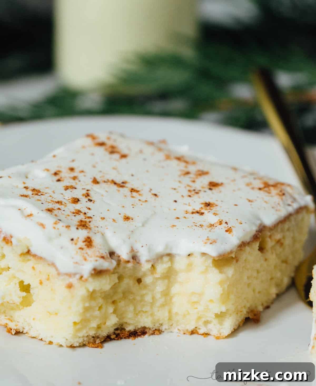 Holiday Eggnog Tres Leches 2 Slice of eggnog tres leches cake with whipped topping and nutmeg sprinkled on top. In the photo, the cake slice has a corner taken out to show the moist center, highlighting the creamy texture.