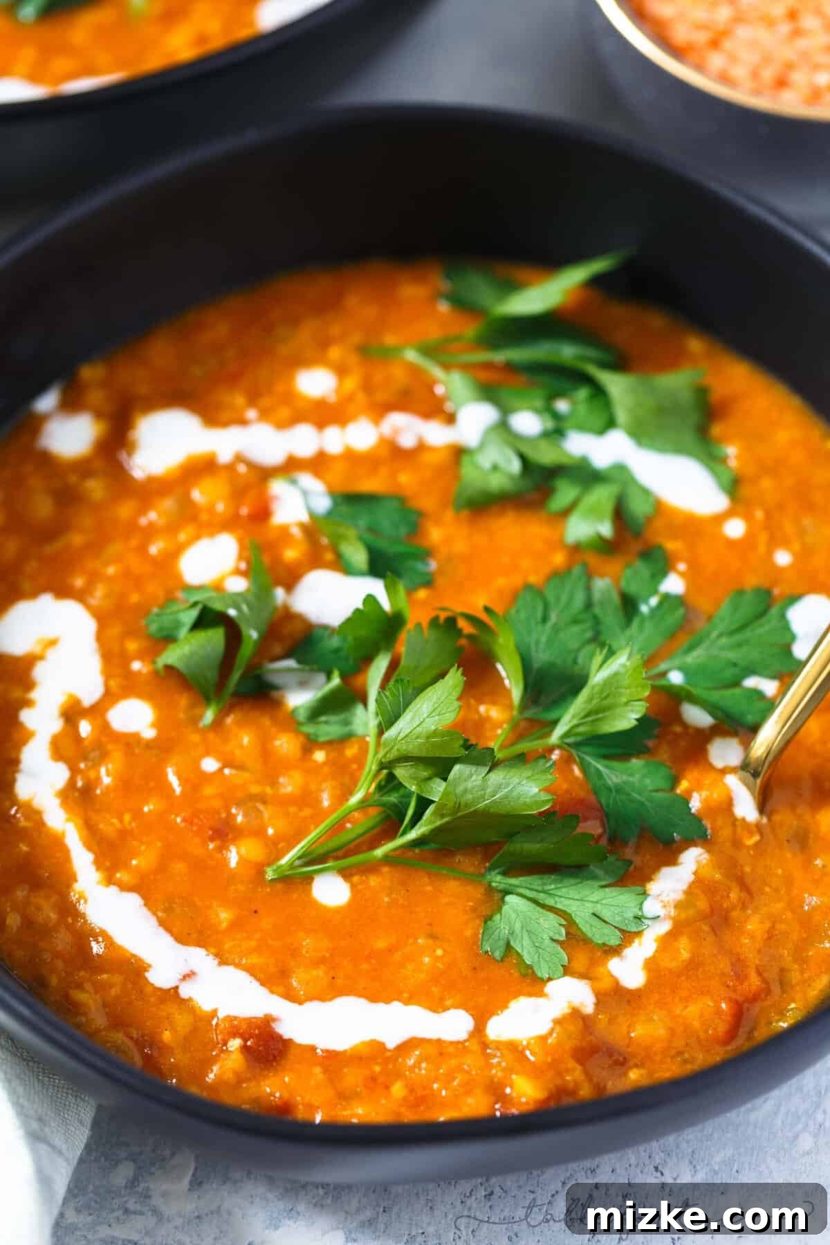 Creamy Instant Pot Coconut Curry Lentil Soup 3 Close-up shot highlighting the inviting creamy texture of the curried coconut lentil soup.