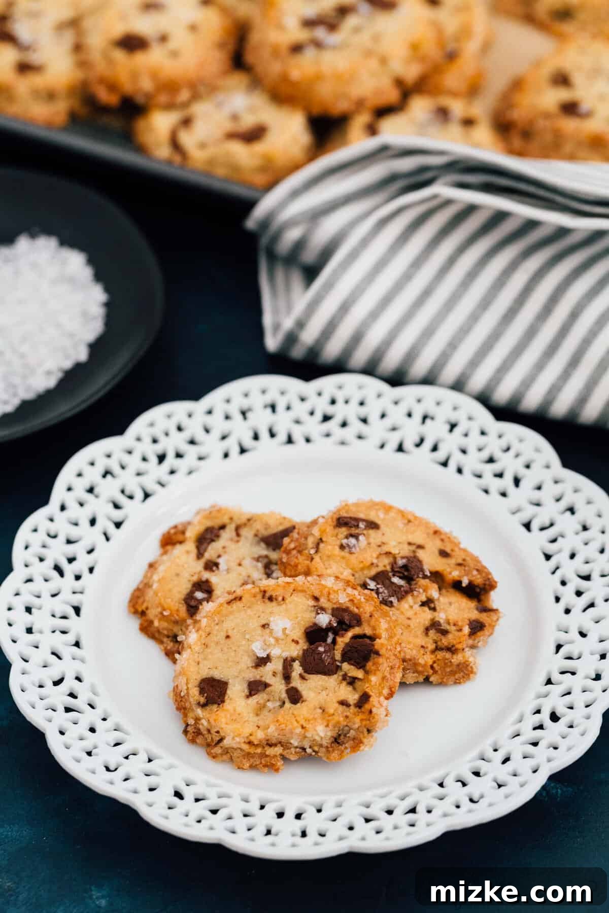 A close-up of a perfectly baked Alison Roman shortbread cookie, revealing the rich dark chocolate chunks and a sprinkle of flaky sea salt. The ultimate salty-sweet indulgence.