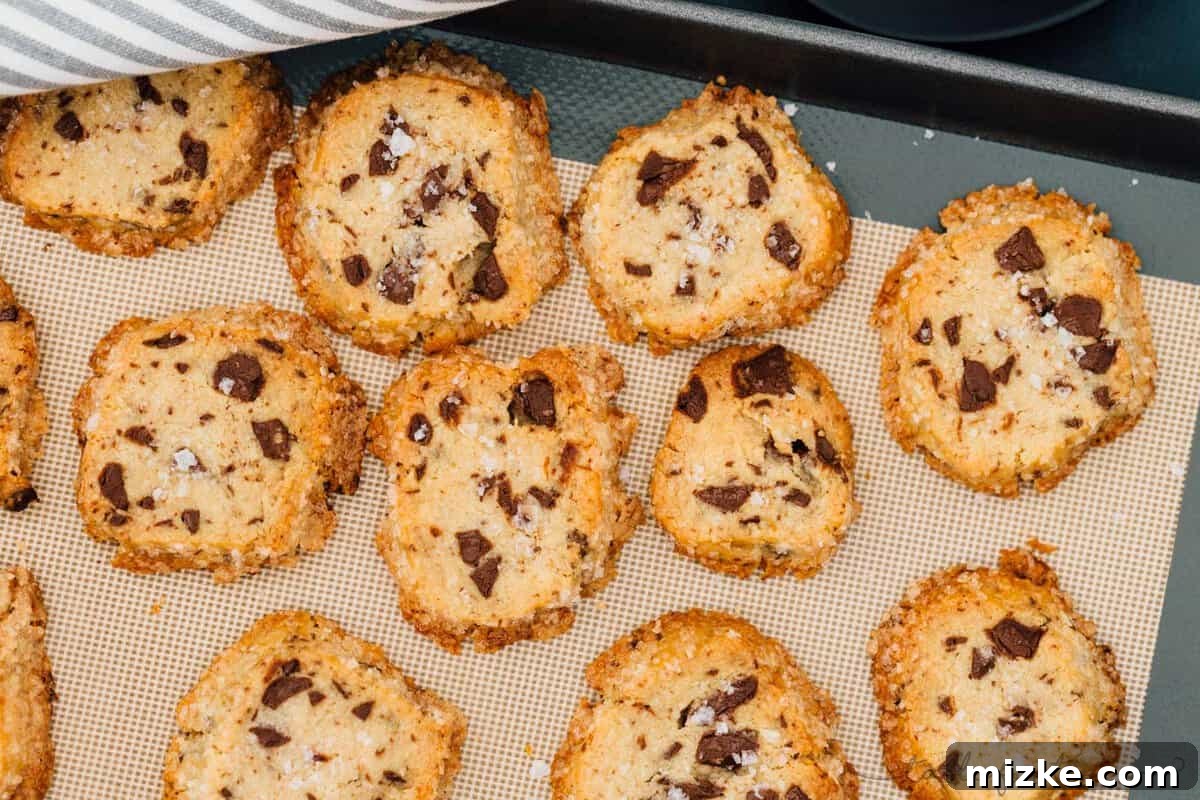 A tray of beautifully baked salted shortbread chocolate chunk cookies, perfectly round with golden edges and glistening sugar, ready to be enjoyed.