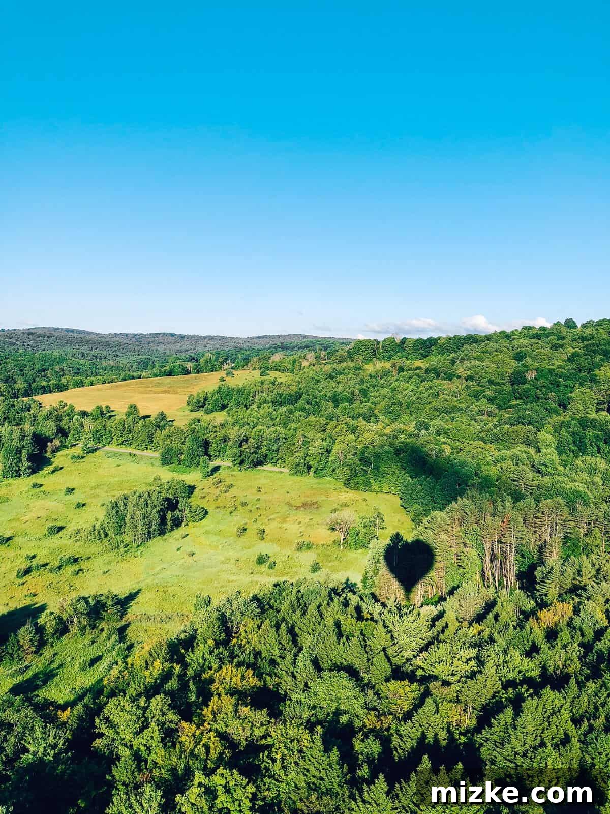 Your Ultimate Guide to Woodstock Vermont 22 The distinct heart-shaped shadow of a hot air balloon cast upon the Vermont treetops