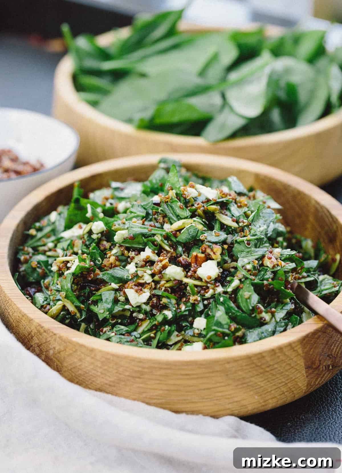 Nutty Spinach and Quinoa Salad: An easy yet elegant side dish packed with flavor and nutrition. #sidesalad #quinoa #spinachsalad #easysalad #saladrecipe #babyspinach #pumpkinseeds A vibrant and easy nutty spinach and quinoa salad, perfect as a healthy side dish for any meal. Featuring baby spinach, cooked quinoa, dried cranberries, pumpkin seeds, and feta cheese.
