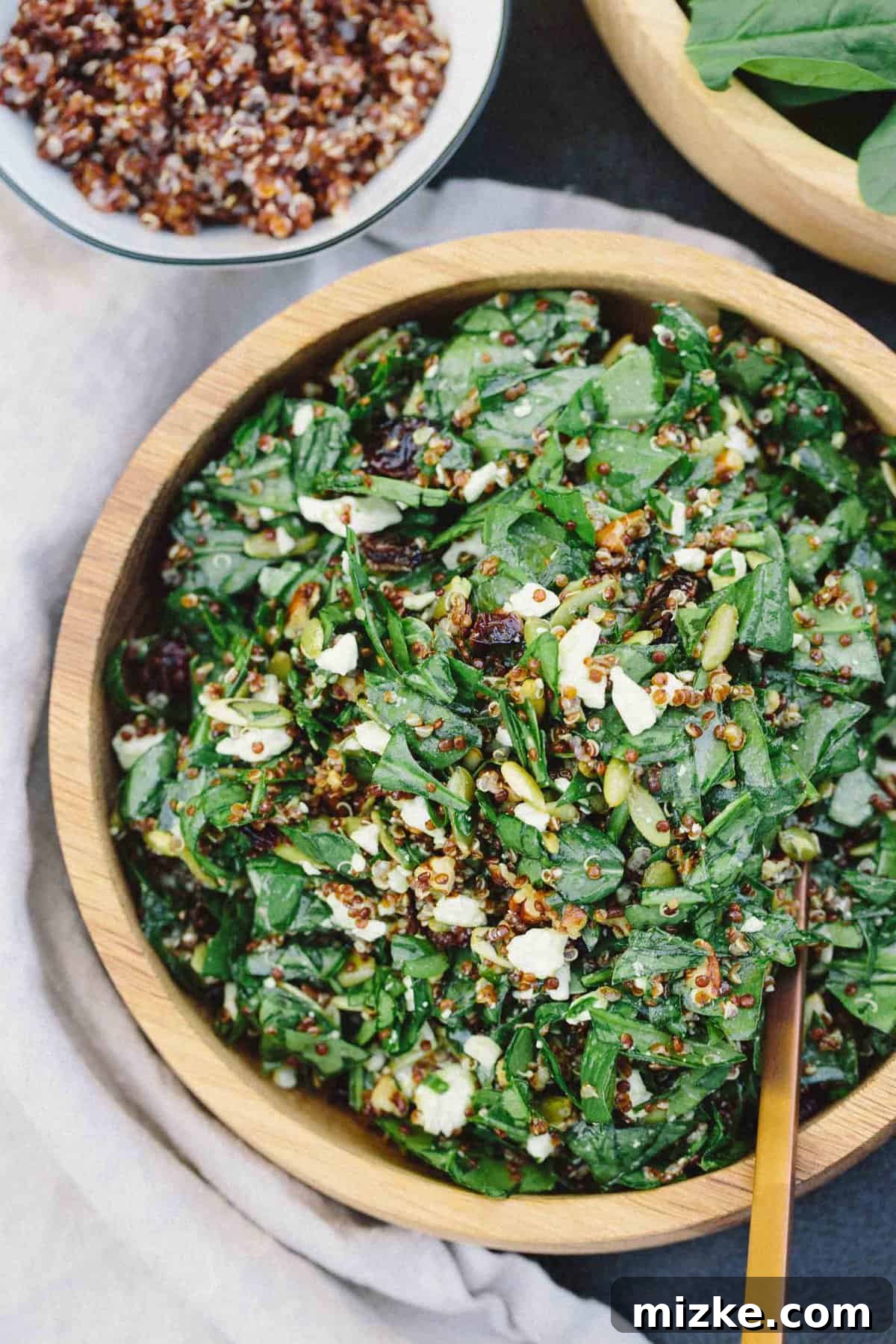 Nutty Spinach and Quinoa Salad: A close-up of this nutrient-rich salad, showcasing its vibrant colors and diverse ingredients. #healthyrecipe #quinoasalad #spinachsalad #sidedishideas #saladlove Close-up of a fresh nutty spinach and quinoa salad, highlighting the textures of spinach, quinoa, cranberries, and pumpkin seeds, ready to be served.