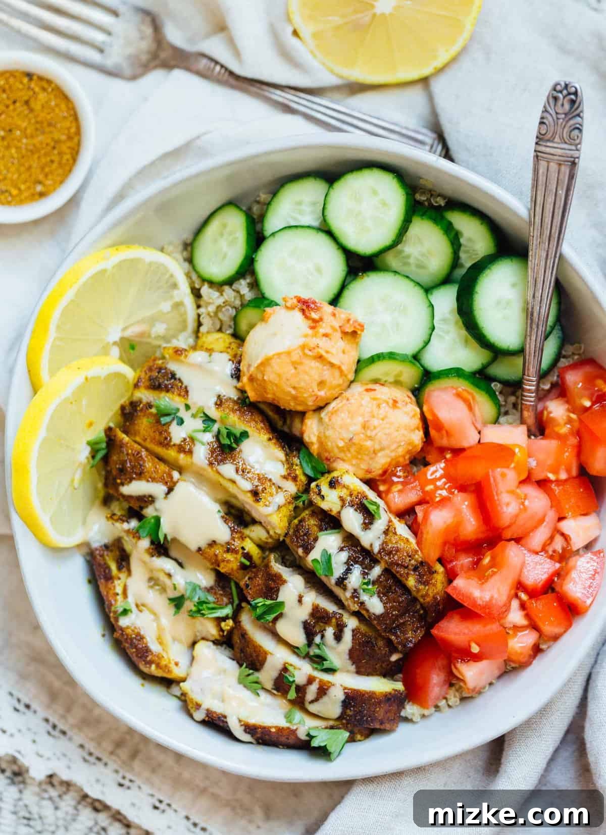 Succulent Sliced Chicken Shawarma A perfectly cooked and sliced chicken shawarma ready for assembly into bowls