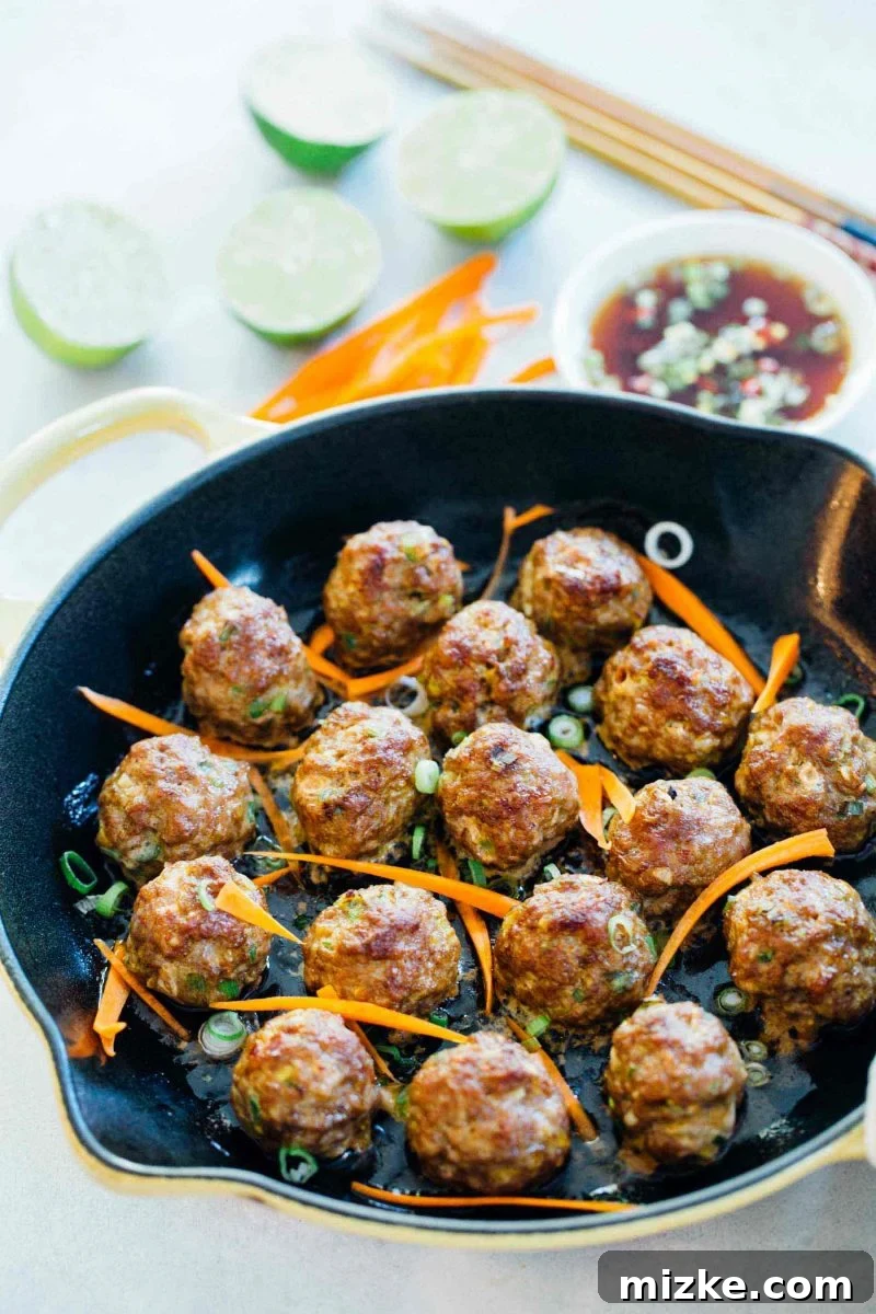 Delicious Asian Pork Meatballs for Dinner or Appetizers Flavorful Asian pork meatballs perfect for topping rice noodles or a bowl of rice, also great for party appetizers.