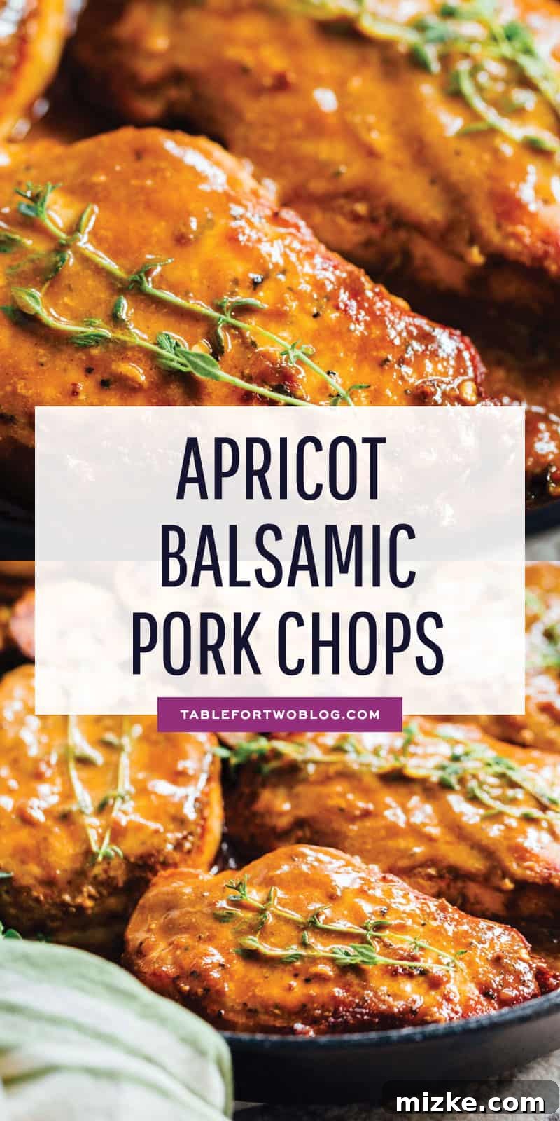 Apricot Balsamic Glazed Pork Chops 2 Overhead shot of apricot balsamic pork chops in a skillet, garnished with fresh thyme. A perfect weeknight meal inspiration. #skilletporkchops #apricotglaze #dinnerrecipe #foodphotography