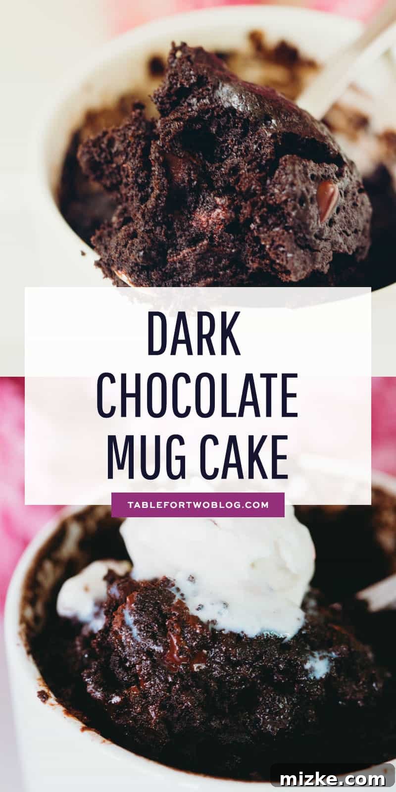 Quick, easy, and undeniably delicious: your dark chocolate craving fix. A top-down shot of the dark chocolate mug cake, showcasing its toppings and inviting texture. Keywords: dark chocolate, cake in a mug, mug cake, chocolate mug cake, dessert for one, single serving, quick dessert.
