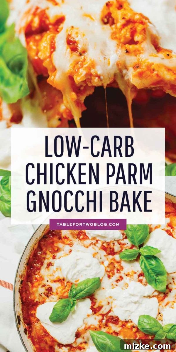A delicious take on the classic chicken parmesan but in a low-carb gnocchi bake! This is a great way to use the popular cauliflower gnocchi and an easy dinner idea! #cauliflower #cauliflowergnocchi #gnocchibake #chickenparm A mouth-watering low-carb chicken parmesan gnocchi bake, an easy and healthy dinner recipe using cauliflower gnocchi.