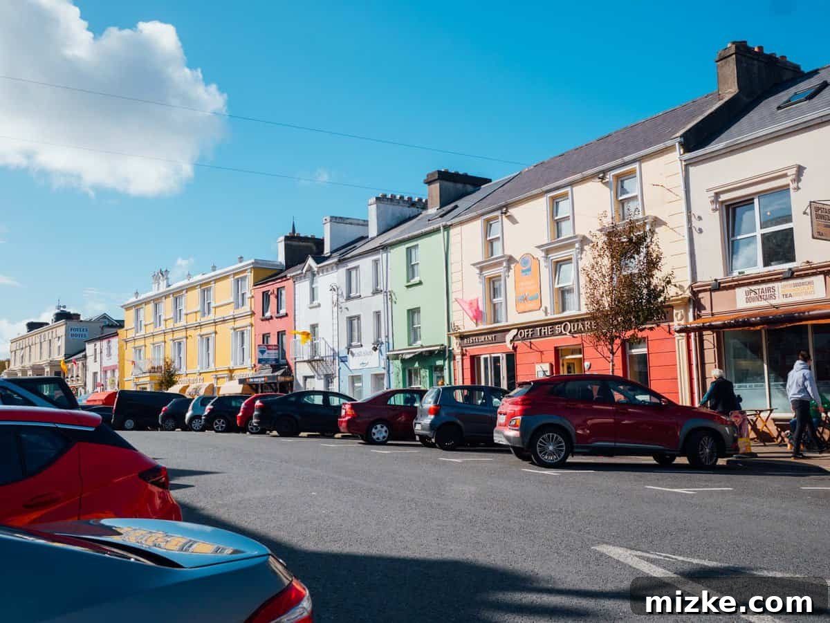 Exploring the Bustling Streets of Clifden Town Colorful street scene in the vibrant town of Clifden, Connemara