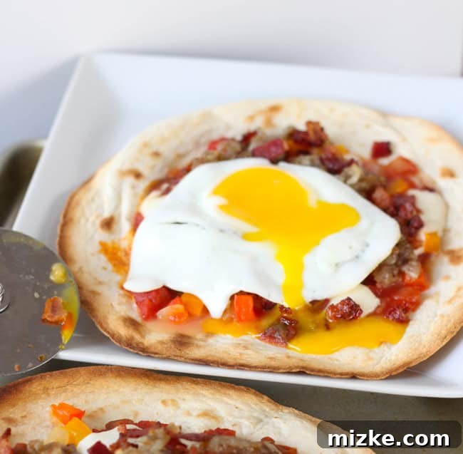 Sunrise Slice 3 Close-up of breakfast pizza with melted cheese and egg