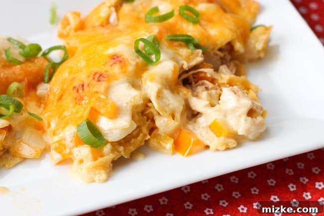 Creamy Chicken Enchilada Bake 3 Serving of white chicken enchiladas with a side of sauce