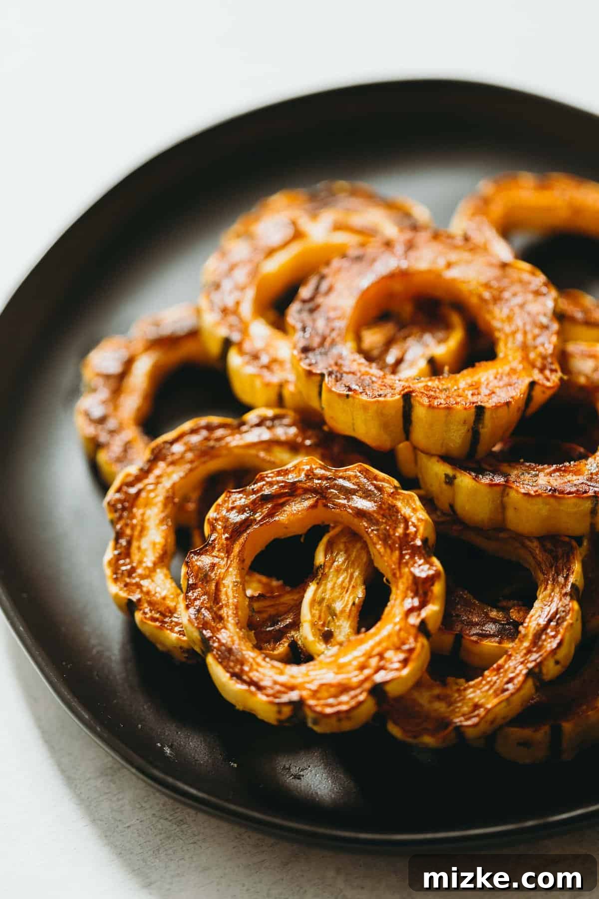 Caramelized Delicata Squash 2 Rings of perfectly roasted delicata squash layered on an elegant black plate, ready to serve.