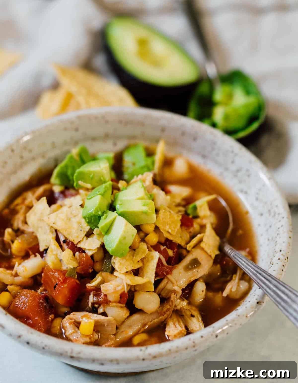 Garnished Stovetop Chicken Tortilla Soup A beautifully garnished bowl of stovetop chicken tortilla soup with vibrant toppings like avocado, cheese, and fresh cilantro, ready to eat.
