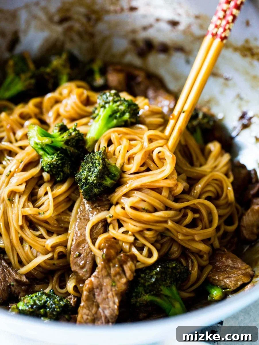 Another perspective of the finished Asian Beef and Broccoli Noodles, highlighting the generous amount of savory sauce and fresh ingredients. Ideal for family dinners or a comforting solo meal.