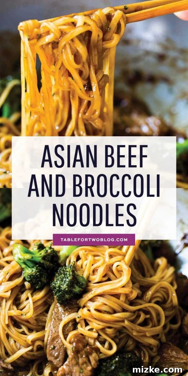 A final close-up of the Asian Beef and Broccoli Noodles, highlighting the rich texture of the sauce and the fresh ingredients. The perfect easy weeknight dinner idea for your family.