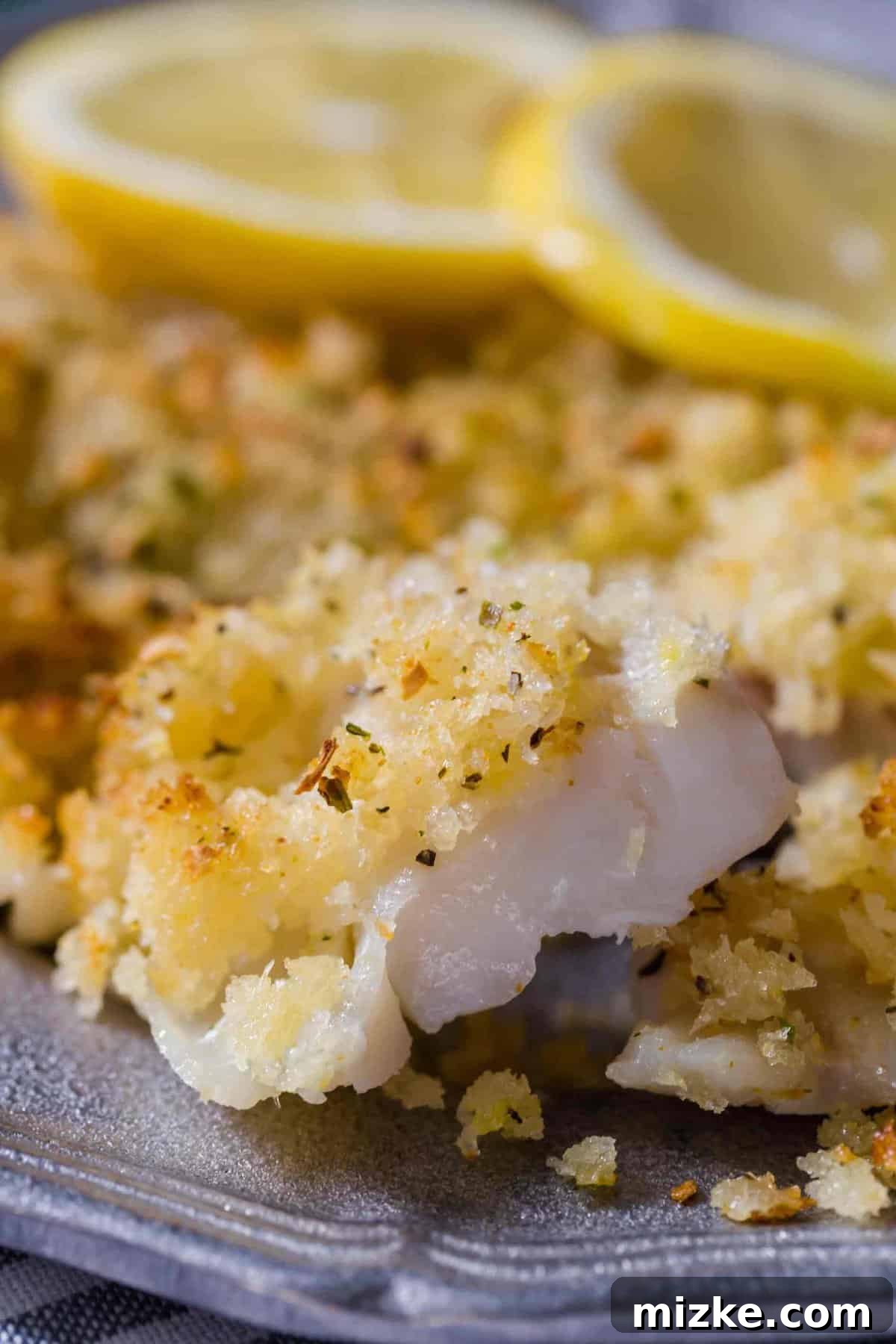 Close-up of a perfectly baked haddock fillet, showcasing its golden, crispy panko crust