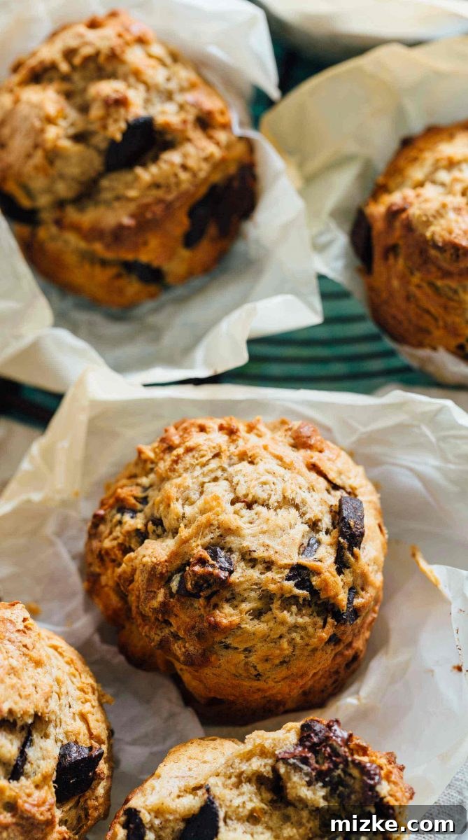 Gourmet Peanut Butter Chocolate Banana Muffins for Breakfast or Snack These peanut butter and chocolate banana muffins are so soft and tender with the biggest domed top! They're just like straight out of a bakery!