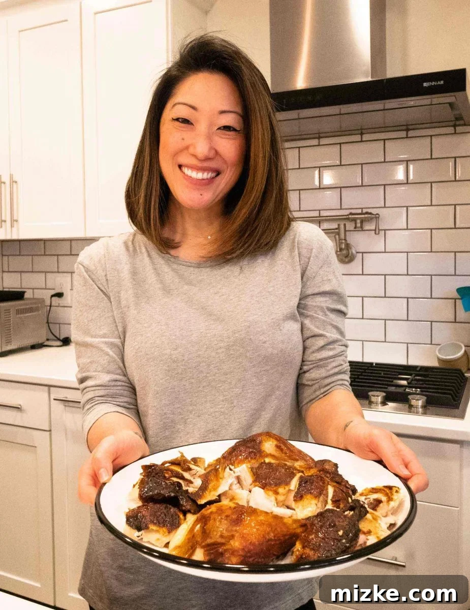 A Golden-Brown, Ready-to-Serve Buttermilk Roast Chicken The finished buttermilk roast chicken, golden-brown and glistening, presented beautifully. This three-ingredient recipe ensures a flavorful, tender, juicy, and moist whole chicken that is easy to make and looks amazing.