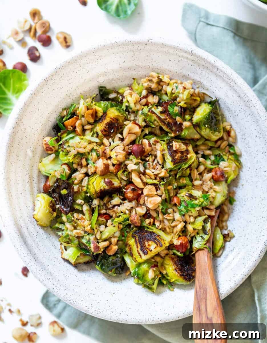 A vibrant, warm roasted Brussels sprouts salad with farro, golden-brown roasted sprouts, and crunchy hazelnuts, all glistening with a delicious Dijon shallot dressing. Perfect for a healthy and flavorful meal.