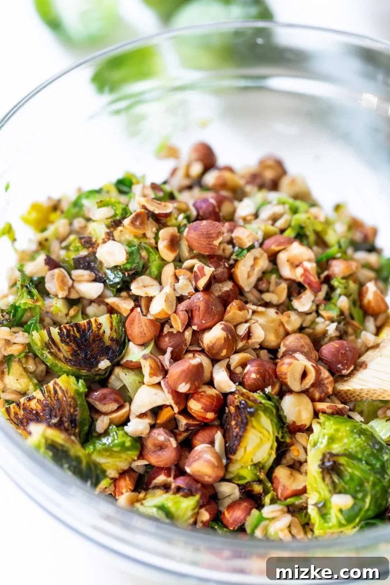 Close-up shot of the warm roasted Brussels sprouts salad, highlighting the golden-brown roasted sprouts, fluffy farro, and chopped hazelnuts, all coated in a rich Dijon shallot dressing.