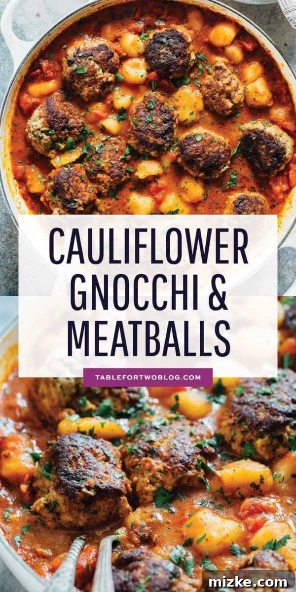 Final presentation of one-skillet cauliflower gnocchi and meatballs, garnished and ready to serve. Keywords: cauliflower gnocchi, Trader Joe's, gnocchi, meatballs, skillet dinner, one-pot meal, easy meals, low-carb. Final presentation of one-skillet cauliflower gnocchi and meatballs, garnished and ready to serve. Keywords: cauliflower gnocchi, Trader Joe's, gnocchi, meatballs, skillet dinner, one-pot meal, easy meals, low-carb.