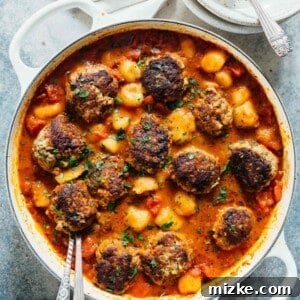 Cauliflower gnocchi and meatballs, a low-carb alternative made in one skillet.