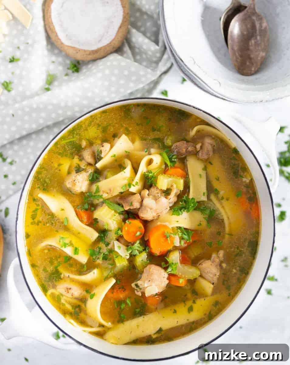 Heartwarming Homemade Chicken Noodle Soup – A Classic Comfort Food for All Seasons A steaming bowl of classic homemade chicken noodle soup, garnished with fresh parsley, evoking warmth and comfort.
