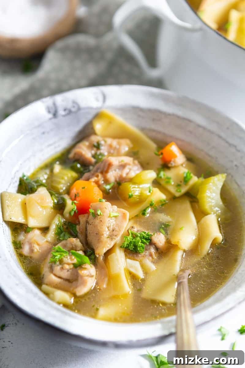 The Golden Foundation: Freshly Prepared Homemade Chicken Stock Rich, golden homemade chicken stock simmering gently in a pot, the secret to an incredibly flavorful chicken noodle soup.