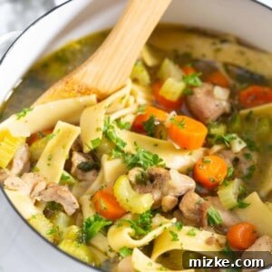 A delicious bowl of homemade chicken noodle soup with fresh parsley, ready to be served.
