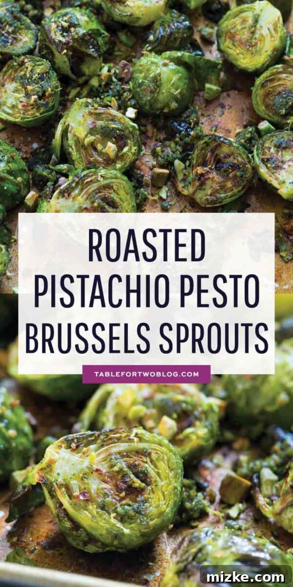 A final vibrant shot of pistachio pesto brussels sprouts in a bowl, ready to be served, emphasizing their appetizing appearance.