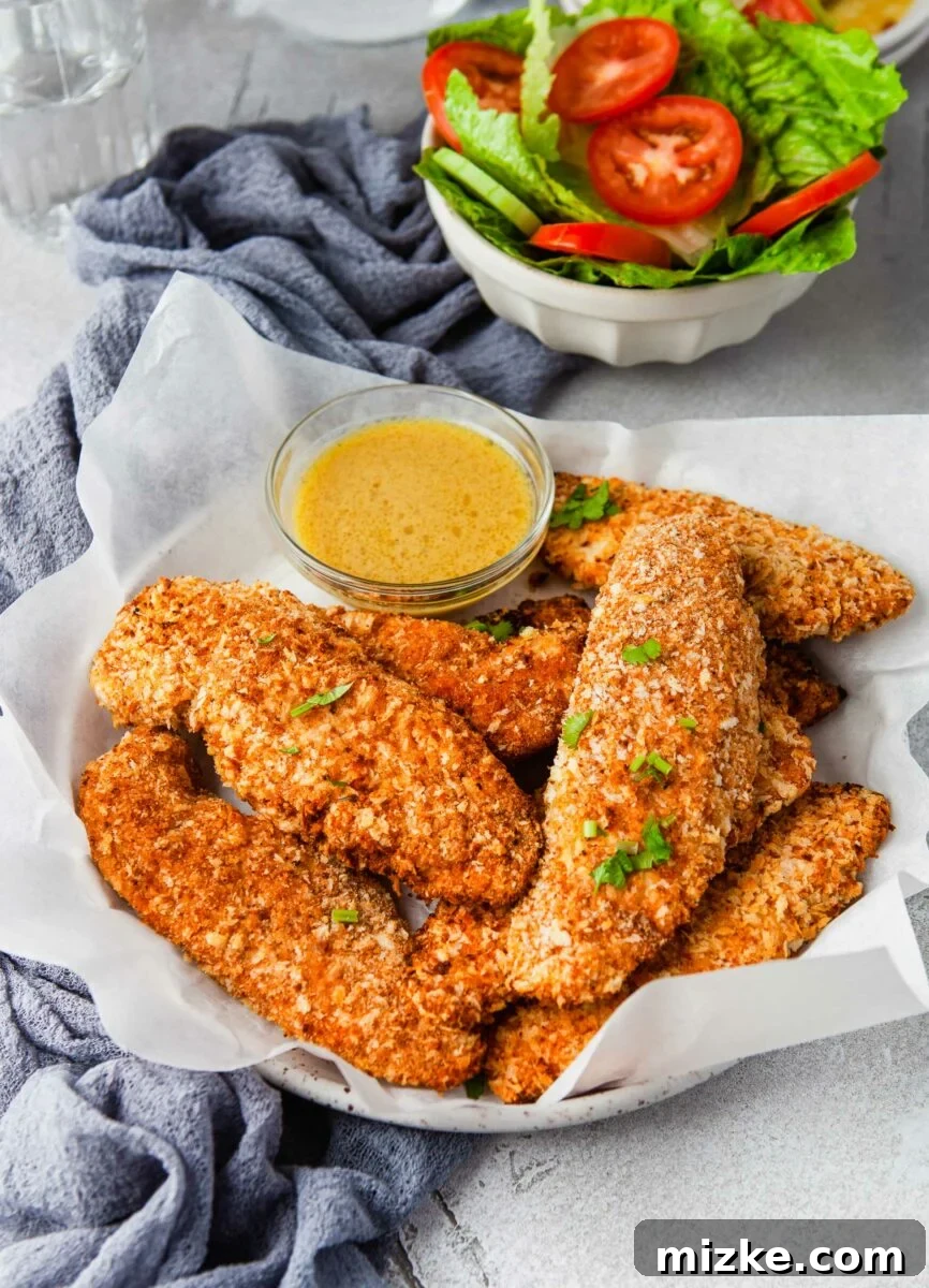 Golden Oven-Baked Chicken Tenders 2 A plate lined with parchment paper is topped with baked chicken tenders and yellow dipping sauce.