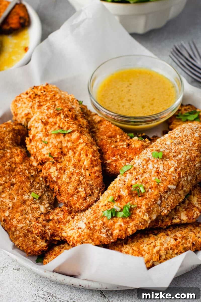 Golden Oven-Baked Chicken Tenders 3 Chicken tenders are garnished with fresh herbs.