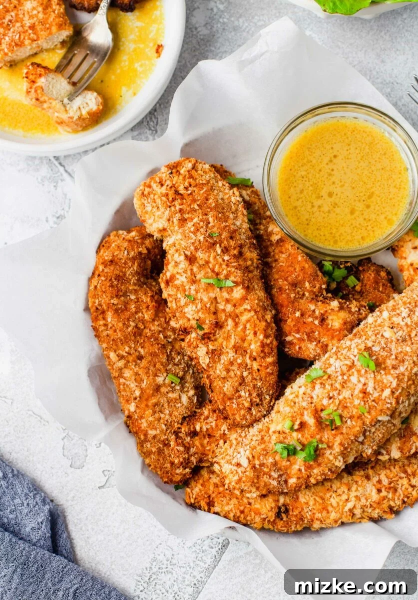 Golden Oven-Baked Chicken Tenders 4 A fork has pierced a bite-sized piece of chicken and is resting on a plate next to other tenders.