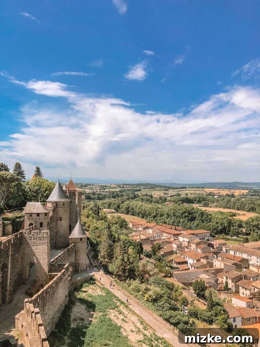 The ancient walls of Carcassonne, a medieval fortified city in Southern France, ideal for cultural day trips.