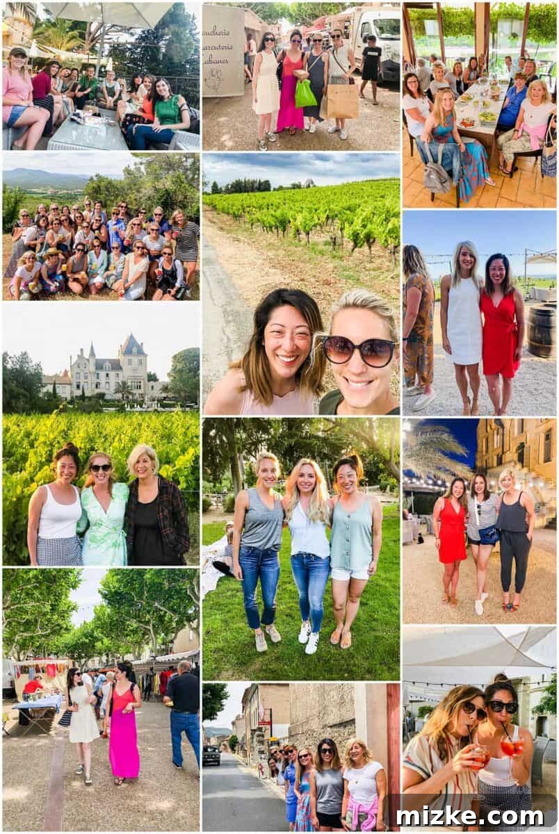 A group of women laughing and posing together in a beautiful outdoor setting in Southern France, symbolizing new friendships and joy.
