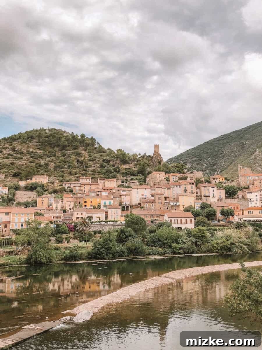 Stunning panoramic view of Roquebrun village nestled in the landscape, with a river flowing nearby.