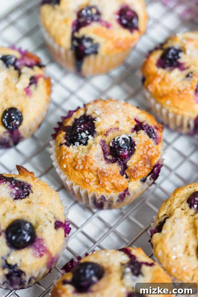 A beautifully stacked tower of freshly baked tender blueberry muffins, highlighting their fluffy texture and delicious blueberry filling.