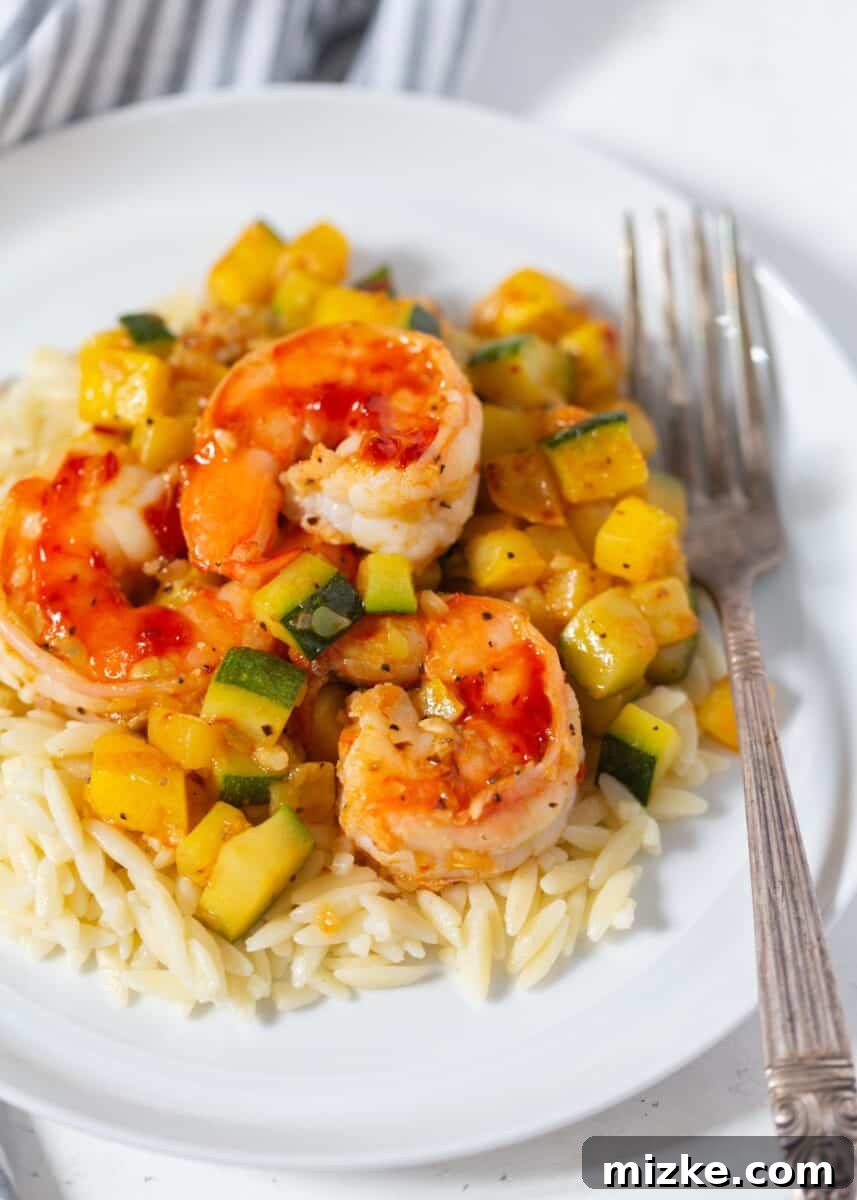 Easy Zucchini Shrimp Orzo Recipe An overhead view of a single serving of Shrimp and Zucchini Orzo, showing the individual components beautifully arranged in a shallow bowl.