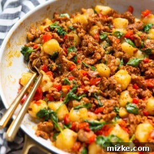 Chicken Chorizo Cauliflower Gnocchi Skillet ready to be served