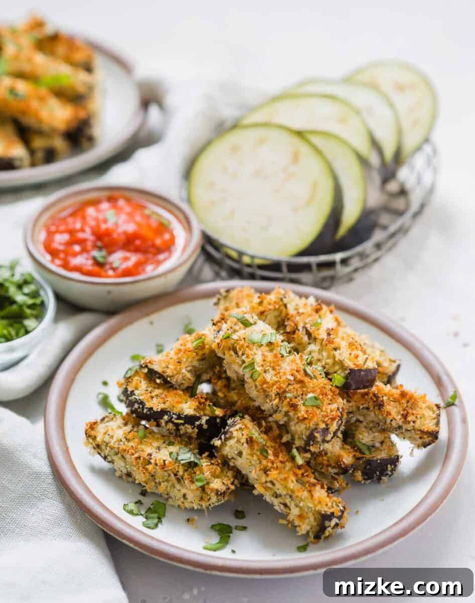 Eggplant Parmesan Fries artfully arranged on a serving plate with a small bowl of marinara dipping sauce.