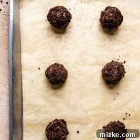 Unbaked Oreo cheesecake cookies, coated in crumbs, neatly arranged on parchment paper on a baking sheet.
