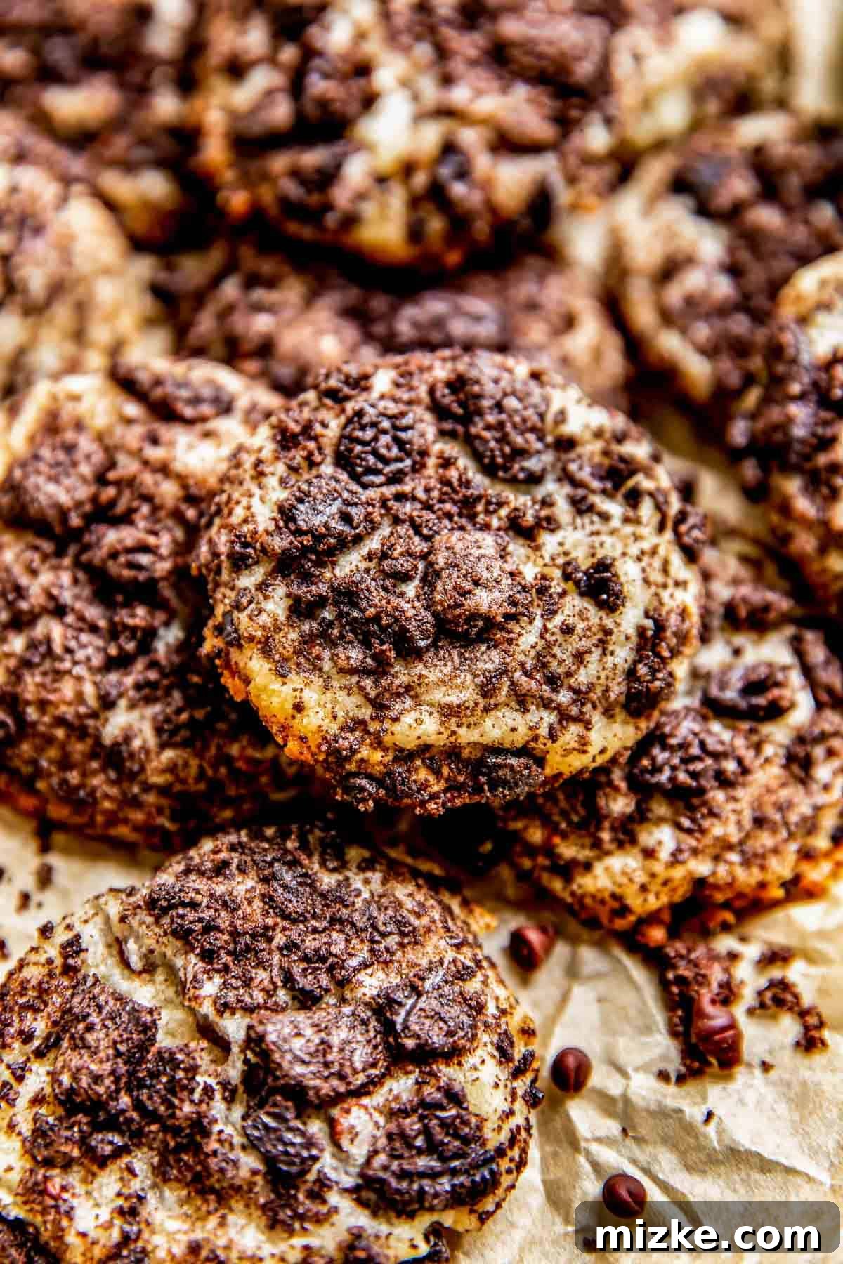 An appetizing close-up view of a single Oreo cheesecake cookie, showcasing its soft interior, mini chocolate chips, and generously crusted Oreo exterior.