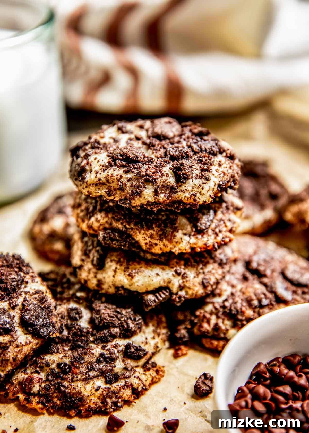 Three perfectly baked Oreo cheesecake cookies artfully stacked on top of each other on parchment paper, highlighting their delicious appeal.