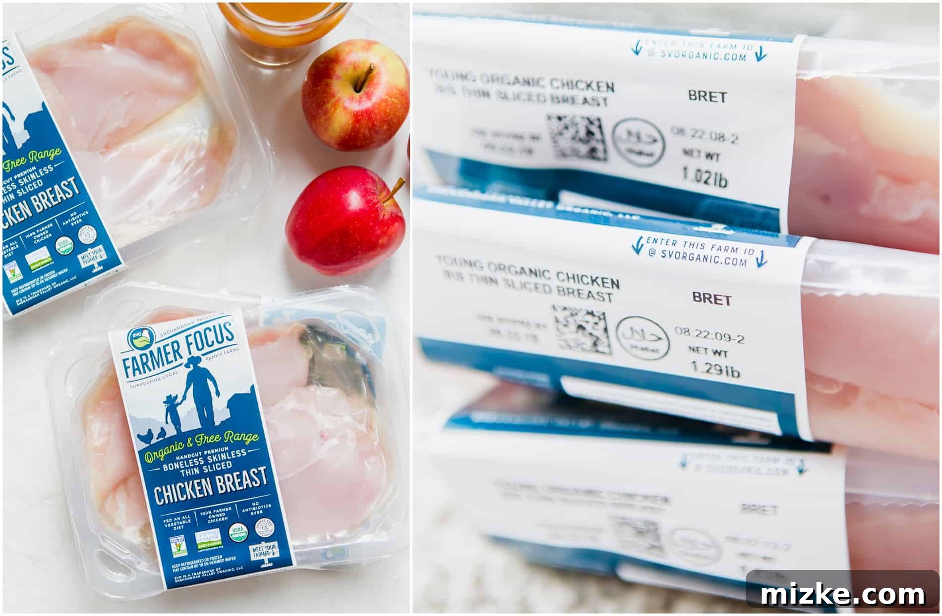 Rustic Apple Cider Chicken Skillet 4 Various packages of Farmer Focus organic chicken breast, highlighting quality ingredients