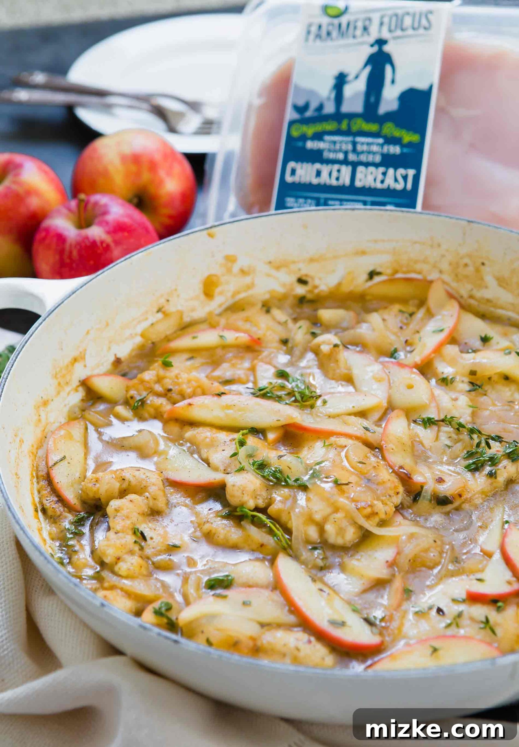 Rustic Apple Cider Chicken Skillet 5 Close-up of the finished apple cider chicken skillet with tender chicken, softened apples, and rich sauce